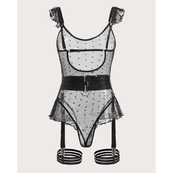 4pack Dobby Mesh Ruffle Trim Garter Teddy Bodysuit Women Sexy Lingerie Underwear - Picture 5 of 10